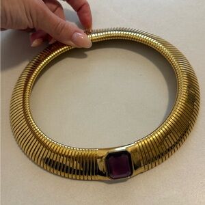 Ciner Vintage Tubogas Gold-Tone Collar Necklace with Purple Stone Center